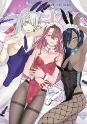 Rule 34 | 3boys, anal beads, animal ears, aqua eyes, arm up, armpits, artist name, bed sheet, black leotard, black thighhighs, blue leotard, blue necktie, bulge, choker, closed mouth, condom, condom wrapper, covered navel, crossdressing, cutiendirty, dark-skinned male, dark skin, detached collar, dildo, eyelashes, eyeliner, fake animal ears, feet out of frame, fine fabric emphasis, fishnet pantyhose, fishnets, frilled choker, frills, grey hair, hair between eyes, hair over one eye, highres, hitachi magic wand, leotard, long hair, looking at viewer, lying, makeup, male focus, male playboy bunny, multiple boys, necktie, nipple slip, nipples, on back, on bed, on side, open mouth, original, oversized breast cup, paid reward available, pantyhose, pillow, pink hair, rabbit ears, red leotard, sex toy, sidelocks, smile, thighband pantyhose, thighhighs, thighs, trap, twitter username, vibrator, watermark, white pantyhose