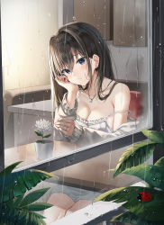 Rule 34 | 1girl, beetle, blue eyes, blush, breasts, brown hair, bug, cardigan, chair, cleavage, clothes pull, collarbone, crying, dress, ear piercing, flower, frilled dress, frills, frown, glass, grabbing own arm, hair between eyes, hair intakes, head rest, highres, indoors, insect, jewelry, large breasts, lkeris, long hair, long sleeves, looking down, necklace, off shoulder, open cardigan, open clothes, original, piercing, plant, pulled by self, rain, ring, sitting, sleeves past wrists, solo, table, tears, water drop, white cardigan, white dress, white flower, window, wooden table