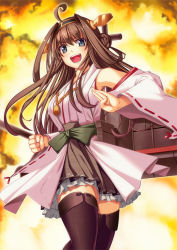 Rule 34 | &gt;:d, 10s, 1girl, :d, ahoge, black eyes, black thighhighs, boots, brown hair, detached sleeves, double bun, frilled skirt, frills, hair bun, hair ornament, hairband, headgear, japanese clothes, kantai collection, kongou (kancolle), long hair, looking at viewer, open mouth, personification, ribbon-trimmed sleeves, ribbon trim, skirt, smile, solo, takanashi-a, thigh boots, thighhighs, v-shaped eyebrows, wide sleeves