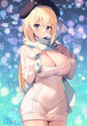 Rule 34 | 1girl, :o, absurdres, black hat, blonde hair, blue eyes, blue scarf, blush, breasts, breath, cleavage, commentary request, cowboy shot, dress, hat, highres, kakerayuri, large breasts, long hair, long sleeves, looking at viewer, original, scarf, short dress, signature, solo, standing, white dress