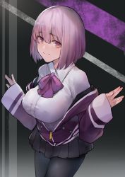 Rule 34 | 10s, 1girl, absurdres, black skirt, bow, breasts, collared shirt, commentary request, gridman universe, highres, jacket, large breasts, light purple hair, long sleeves, looking at viewer, neonbeat, off-shoulder jacket, off shoulder, pantyhose, pleated skirt, purple bow, purple eyes, purple jacket, purple neckwear, shinjou akane, shirt, short hair, skirt, sleeves past wrists, smile, ssss.gridman, white shirt, zipper pull tab