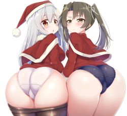 Rule 34 | 2girls, ass, ass focus, black legwear, blush, brown eyes, capelet, chestnut mouth, clothes pull, commentary request, cowboy shot, from behind, grey hair, hair ribbon, hat, highres, kantai collection, kurokoshou (emuburemu123), long hair, looking at viewer, looking back, multiple girls, panties, pantyhose, pantyhose pull, parted lips, ribbon, santa costume, santa hat, shoukaku (kancolle), simple background, skindentation, sweatdrop, twintails, underwear, white background, white panties, zuikaku (kancolle)