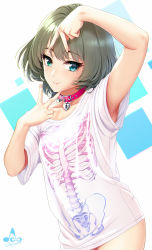 Rule 34 | 1girl, arm up, armpits, artist name, bare arms, blue eyes, blush, breasts, choker, closed mouth, collarbone, commentary request, cosplay, cowboy shot, double v, eyelashes, fingernails, green eyes, green hair, hand up, heterochromia, highres, idolmaster, idolmaster cinderella girls, infinote, jewelry, lock, long hair, looking at viewer, mole, mole under eye, no pants, pink choker, shirt, short hair, short sleeves, signature, simple background, skeleton print, small breasts, smile, solo, t-shirt, takagaki kaede, v, white background, white shirt, yumemi riamu