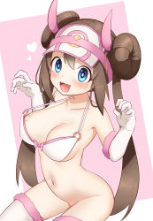 Rule 34 | 1girl, :d, absurdres, alternate costume, bikini, bikini top only, blue eyes, blush, border, bottomless, breasts, brown hair, cleavage, collarbone, commentary request, creatures (company), double bun, elbow gloves, fangs, game freak, gloves, hair bun, hands up, happy, heart, highres, horns, long hair, looking at viewer, navel, nintendo, oishi kuwagata, open mouth, pink background, pokemon, pokemon bw2, rosa (pokemon), smile, solo, swimsuit, thighhighs, tongue, twintails, visor cap, w arms, white bikini, white border, white gloves, white thighhighs