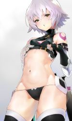 Rule 34 | 1girl, :o, asymmetrical sleeves, bandaged arm, bandages, bare shoulders, belt, black belt, black gloves, black panties, black thighhighs, blush, breasts, character cutout, cleavage cutout, clothing cutout, commentary request, fate/apocrypha, fate (series), from below, gloves, green eyes, hair between eyes, highres, jack the ripper (fate/apocrypha), looking at viewer, mismatched sleeves, navel, open mouth, panties, short hair, shoulder tattoo, small breasts, solo, taishi (picchiridou), tattoo, thighhighs, underwear, weapon, white hair