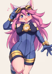 Rule 34 | 1girl, animal ear fluff, animal ears, animal nose, blush, body fur, bodysuit, breasts, chocolat gelato, commentary, dog, dog ears, dog girl, dog tail, elbow gloves, fang, furry, furry female, gloves, goggles, goggles on head, hair between eyes, hand on goggles, highres, leg up, little tail bronx, long hair, looking at viewer, medium breasts, open mouth, pink fur, pink hair, purple eyes, saigi, solatorobo, solo, tail