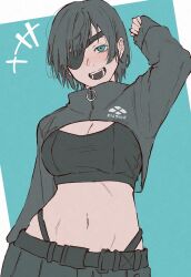 absurdres aqua_eyes belt black_hair black_sports_bra blue_background breasts chainsaw_man crop_top eyepatch highres himeno_(chainsaw_man) long_sleeves midriff navel open_mouth panty_straps short_hair simple_background sports_bra tian_zhu2357