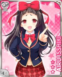 Rule 34 | 1girl, black hair, blue jacket, bow, card, character name, girlfriend (kari), hair bow, hand on own hip, isshiki airu, jacket, long hair, official art, open hand, open mouth, pink background, plaid, plaid skirt, pointing, pointing at viewer, qp:flapper, red bow, red eyes, red skirt, school uniform, shirt, skirt, smile, solo, tagme, vest, white shirt, yellow vest