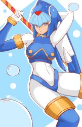 Rule 34 | 1girl, android, blue eyes, bodysuit, breasts, head tilt, helmet, highres, holding, holding weapon, jellcaps, fairy leviathan (mega man), medium breasts, mega man (series), mega man zero (series), solo, thighhighs, weapon