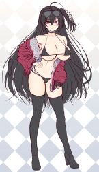 Rule 34 | 1girl, ahoge, argyle, argyle background, argyle clothes, azur lane, bad id, bad pixiv id, bikini, black bikini, black footwear, black hair, blush, boots, breasts, closed mouth, eyewear on head, full body, hair between eyes, highres, honami (yths4221), large breasts, long hair, long sleeves, looking at viewer, micro bikini, navel, official alternate costume, one side up, purple eyes, smile, solo, standing, sunglasses, sunglasses on head, swimsuit, taihou (azur lane), taihou (enraptured companion) (azur lane), thigh boots, thighhighs, very long hair