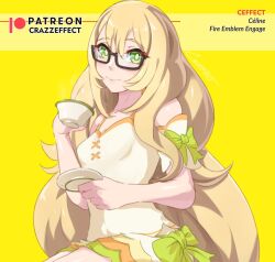 Rule 34 | 1girl, bare shoulders, bespectacled, black-framed eyewear, blonde hair, bow, celine (fire emblem), commentary, crazzeffect, cup, dress, english commentary, fire emblem, fire emblem engage, glasses, green eyes, highres, holding, holding cup, long hair, looking at viewer, nintendo, no headwear, off-shoulder dress, off shoulder, official alternate costume, simple background, sitting, smile, solo, teacup, very long hair, white dress, yellow background, yellow bow