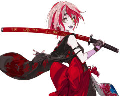 Rule 34 | 1girl, black kimono, colored skin, diamond-shaped pupils, diamond (shape), fangs, fingerless gloves, floral print, forehead protector, gloves, green eyes, grey skin, heterochromia, holding, holding sword, holding weapon, hololive, hololive indonesia, japanese clothes, katana, kimono, kureiji ollie, kureiji ollie (new year), mismatched pupils, multicolored hair, multicolored skin, official alternate costume, pako (pakosun), patchwork skin, pink hair, red eyes, red hair, red nails, sash, scabbard, sheath, sheathed, short hair, simple background, solo, stitched arm, stitched face, stitches, sword, symbol-shaped pupils, teeth, virtual youtuber, weapon, white background, wide sleeves, x-shaped pupils, yellow eyes, zombie