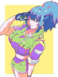 Rule 34 | 1girl, black gloves, blue eyes, blue hair, breasts, chromatic aberration, gloves, green jacket, green shorts, highres, jacket, large breasts, leona heidern, long hair, looking at viewer, military, military uniform, nazono bishojo, ponytail, salute, shorts, simple background, solo, the king of fighters, the king of fighters xv, uniform