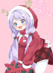 Rule 34 | 1girl, :d, absurdres, blue archive, blue eyes, blush, breasts, cropped legs, fake antlers, fang, fur-trimmed headwear, fur-trimmed sleeves, fur trim, gift, hair ornament, hairclip, halo, hanae (blue archive), hanae (christmas) (blue archive), hat, heart, heart hair ornament, highres, kero-san (kerosan63), large breasts, leaning forward, long hair, long sleeves, low twintails, mistletoe hair ornament, mittens, open mouth, pantyhose, pink background, plaid, plaid skirt, pom pom (clothes), purple hair, red hat, red mittens, red skirt, red sweater, ribbed sweater, sack, simple background, skin fang, skirt, smile, solo, stuffed animal, stuffed toy, sweater, turtleneck, turtleneck sweater, twintails, white pantyhose