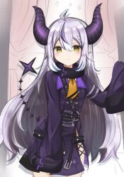 Rule 34 | ahoge, ascot, black horns, braid, braided bangs, collar, hamura, highres, hololive, horns, la+ darknesss, la+ darknesss (1st costume), metal collar, multicolored hair, pointy ears, purple hair, sleeves past fingers, sleeves past wrists, streaked hair, striped horns, tail, virtual youtuber, yellow ascot, yellow eyes