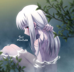 Rule 34 | 1girl, artist name, bathing, blush, breasts, closed mouth, eyelashes, fate/stay night, fate (series), gyatto624, holding, holding own hair, illyasviel von einzbern, long hair, looking at viewer, nape, nude, onsen, red eyes, silver hair, sitting, small breasts, smile, thighs, water