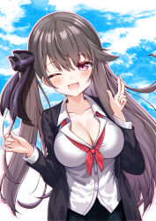 Rule 34 | 1girl, azur lane, bow, breasts, brown hair, cleavage, collared shirt, fang, hair bow, hands up, highres, jacket, large breasts, long hair, neckerchief, one eye closed, open mouth, pamiat merkuria (azur lane), partially unbuttoned, shirt, side ponytail, skin fang, sky, smile, smug, wanko meria
