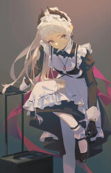 Rule 34 | 1girl, apron, arknights, black dress, black footwear, black gloves, closed mouth, collared dress, commentary, dress, earrings, expressionless, feather hair, foot out of frame, gloves, grey background, grey eyes, grey hair, head wings, highres, irene (arknights), irene (voyage of feathers) (arknights), jewelry, long hair, long sleeves, looking at viewer, maid apron, maid headdress, official alternate costume, pendant, ponytail, scar, scar across eye, scar on face, shoes, simple background, sleeve cuffs, socks, solo, suitcase, white apron, white socks, wings, yuyumu