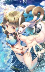 Rule 34 | 1girl, animal, animal ears, aquaplus, aruruu, blue sky, breasts, brown hair, closed mouth, cloud, cloudy sky, curvy, feet, from above, from side, full body, gachatara, highres, kneeling, looking at another, midriff, mountain, ocean, official art, orange eyes, outdoors, outstretched arms, raised eyebrows, red eyes, sidelocks, sky, small breasts, smile, spread arms, swimsuit, tail, thighs, tree, utawarerumono, utawarerumono: lost flag, water, water drop, waves