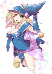 Rule 34 | 1girl, bare shoulders, blonde hair, blue footwear, blush, boots, breasts, cleavage, dark magician girl, duel monster, green eyes, hat, large breasts, long hair, minari (haib), open mouth, pentacle, smile, solo, staff, white background, wizard hat, yu-gi-oh!, yuu-gi-ou, yu-gi-oh! duel monsters