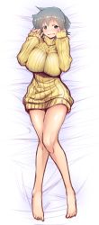 Rule 34 | 1girl, bed sheet, blush, bottomless, breasts, green eyes, green hair, hands up, hidamari sketch, highres, kagami uekusa, large breasts, looking at viewer, lying, naked sweater, nori (hidamari sketch), on back, open mouth, ribbon, short hair, short twintails, sleeves past wrists, solo, sweat, sweater, twintails