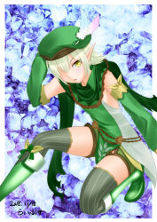 Rule 34 | 1girl, blue background, boots, green eyes, green hair, green hat, hat, hat feather, highres, libus, outside border, pointy ears, princess connect!, purple background, short hair, solo, thigh boots, thighhighs, unose aoi