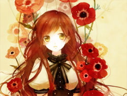 Rule 34 | 1girl, brown hair, flower, long hair, original, pink background, ribbon, simple background, solo, yellow eyes, yuukichi