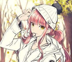 Rule 34 | 1girl, adjusting clothes, adjusting headwear, alternate costume, aono shimo, bad id, bad twitter id, beanie, braid, casual, collarbone, fate/grand order, fate (series), hat, jewelry, leaf, looking at viewer, medb (fate), medb (fate), mouth hold, necklace, pink hair, pom pom (clothes), ponytail, solo, tree, yellow eyes