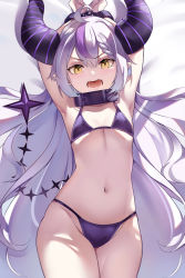 Rule 34 | 1girl, armpits, arms up, bare arms, bare shoulders, bikini, bound, bound wrists, brown eyes, chain, collar, collarbone, cowboy shot, cuffs, demon horns, donggua bing cha, fangs, grey hair, hair between eyes, highres, hololive, horns, la+ darknesss, long hair, looking at viewer, metal collar, multicolored hair, navel, open mouth, purple bikini, purple hair, solo, streaked hair, swimsuit, very long hair, virtual youtuber, white background