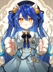 Rule 34 | 1girl, :3, ahoge, amamiya kokoro, amamiya kokoro (1st costume), angel wings, animal ears, animal hands, bell, beret, blue dress, blue hair, blue hat, blue jacket, blue vest, bow, bowtie, cat ears, cat paws, commentary request, cropped jacket, dress, fang, gloves, hair bell, hair ornament, hairclip, hat, highres, jacket, jingle bell, juliet sleeves, kamiyoshi rika, long hair, long sleeves, looking at viewer, mini wings, nijisanji, open mouth, orange eyes, paw gloves, puffy sleeves, reaching, reaching towards viewer, skin fang, solo, two side up, vest, virtual youtuber, wings, x hair ornament