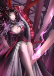 Rule 34 | 1girl, absurdres, ajun, black hair, breasts, cleavage, forehead jewel, highres, horn ornament, horn ring, horns, large breasts, long hair, pointy ears, smile, solo, thunderbolt fantasy, xing hai