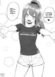 Rule 34 | 1girl, absurdres, artist name, blush, clothes writing, commentary, contrapposto, cowboy shot, destiny (game), destiny 2, english commentary, english text, facing viewer, fingernails, flat chest, greyscale, head tilt, high ponytail, highres, incoming hug, long hair, looking at viewer, melissa renata, meme, monochrome, my little pogchamp (meme), norman maggot, original, outstretched arms, petite, shirt, shorts, smile, solo, speech bubble, standing, t-shirt