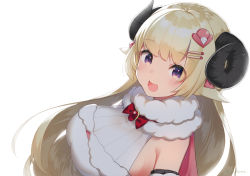 Rule 34 | 1girl, :d, animal ears, blonde hair, blue eyes, breasts, cape, curled horns, detached sleeves, dress, fur-trimmed dress, fur-trimmed sleeves, fur trim, hair ornament, hairclip, highres, hololive, horns, large breasts, light blush, long hair, looking at viewer, nyasunyadoora, open mouth, pink cape, purple eyes, sheep ears, sheep girl, sheep horns, sideboob, simple background, sleeveless, sleeveless dress, smile, solo, tsunomaki watame, tsunomaki watame (1st costume), two-sided cape, two-sided fabric, upper body, very long hair, virtual youtuber, white background
