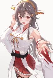 Rule 34 | 1girl, absurdres, bare shoulders, black hair, black thighhighs, blush, brown eyes, cowboy shot, detached sleeves, hair between eyes, hair ornament, hairband, hairclip, haruna (kancolle), haruna kai ni (kancolle), headgear, highres, japanese clothes, kantai collection, long hair, nontraditional miko, open mouth, pleated skirt, red skirt, ribbon-trimmed sleeves, ribbon trim, simple background, skirt, smile, solo, taki rentaro, thighhighs, white background, white sleeves, wide sleeves