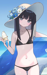 Rule 34 | 1girl, armpit crease, bikini, black bikini, black hair, blunt bangs, blush, closed mouth, collarbone, colored inner hair, cowboy shot, day, eyelashes, flat chest, flower, food, gluteal fold, grey eyes, grey hair, hand up, hat, hat flower, head tilt, highres, holding, ice cream, ice cream cone, inflatable dolphin, inflatable toy, long hair, mole, mole on stomach, multicolored hair, navel, ocean, original, outdoors, sidelocks, skindentation, soft serve, solo, sun hat, swimsuit, zenshin