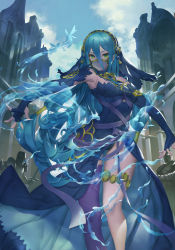 Rule 34 | 1girl, absurdres, armor, armpits, azura (fire emblem), blue hair, breasts, day, dress, elbow gloves, fingerless gloves, fire emblem, fire emblem fates, gloves, green eyes, hair between eyes, hairband, highres, hydrokinesis, long hair, looking at viewer, mag (huangmag), medium breasts, nintendo, outdoors, purple thighhighs, see-through, single thighhigh, solo focus, thigh strap, thighhighs, v-shaped eyebrows, veil, very long hair, water