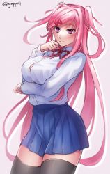 Rule 34 | 1girl, alternate breast size, alternate hairstyle, arm under breasts, black thighhighs, blue skirt, breast hold, breasts, cleavage cutout, clothing cutout, doki doki literature club, geppei, hair ornament, hairclip, highres, large breasts, long hair, long sleeves, looking at viewer, natsuki (doki doki literature club), pink eyes, pink hair, school uniform, shirt, skirt, smile, solo, thick thighs, thighhighs, thighs, twintails, very long hair, white shirt