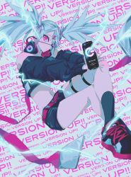 Rule 34 | 1girl, bad id, bad twitter id, bare shoulders, belt, can, dive to zone, electricity, english text, eyepatch, film grain, fingernails, grey hair, hair ornament, headphones, headphones around neck, highres, holding, holding can, long hair, najuco (naju0517), navel, off shoulder, parted lips, pink eyes, power symbol, red belt, shoes, sneakers, solo, thigh strap, twintails