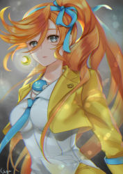 Rule 34 | 1girl, ace attorney, athena cykes, blue eyes, blue ribbon, breasts, collared shirt, crescent, crescent earrings, earrings, hair ribbon, highres, jacket, jewelry, long hair, looking at viewer, necklace, open clothes, open jacket, orange hair, phoenix wright: ace attorney - dual destinies, ponytail, ribbon, shiga, shirt, side ponytail, single earring, solo, swept bangs, upper body, very long hair, white shirt, yellow jacket