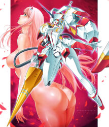 Rule 34 | 1girl, absurdres, artist name, ass, breasts, cable, closed mouth, completely nude, darling in the franxx, erde00, falling petals, fingernails, floating hair, green eyes, hairband, highres, holding, holding polearm, holding weapon, horns, lance, large breasts, long fingernails, long hair, looking to the side, looking up, mecha, nipples, nude, open hand, open mouth, petals, pillarboxed, pink hair, polearm, profile, red horns, robot, science fiction, single horn, strelizia, teeth, upper teeth only, very long hair, weapon, white hairband, yellow eyes, zero two (darling in the franxx)