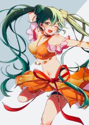 Rule 34 | 1girl, arm up, choker, dancer, double bun, earrings, fire emblem, fire emblem: genealogy of the holy war, green eyes, green hair, highres, jewelry, leg up, long hair, midriff, navel, nekolook, nintendo, one eye closed, open mouth, red ribbon, ribbon, silvia (fire emblem), simple background, solo, thigh strap, twintails