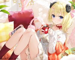 Rule 34 | 1girl, ahoge, animal ears, blonde hair, breasts, collarbone, controller, couch, cushion, dress, fuumi (radial engine), game controller, gamepad, hair ornament, hairclip, headphones, hololive, horns, jacket, looking at viewer, lying, medium breasts, neck ribbon, official art, on back, purple eyes, red legwear, red ribbon, ribbon, sheep ears, sheep girl, sheep horns, side ponytail, solo, tsunomaki watame, tsunomaki watame (street casual), virtual youtuber, watermark, white dress, white jacket