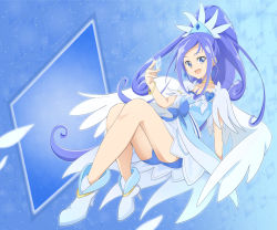 Rule 34 | 1girl, angel wings, argyle, argyle background, argyle clothes, bike shorts, blue background, blue dress, blue eyes, blue hair, boots, bracelet, brooch, choker, commission, crystal earrings, cure diamond, dokidoki! precure, dress, earrings, feathers, forehead, full body, headband, heart, heart brooch, highres, hishikawa rikka, jewelry, long hair, looking at viewer, mochi curry, open mouth, pixiv commission, ponytail, precure, short sleeves, solo, white footwear, wings, yellow choker