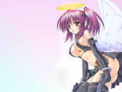 Rule 34 | 1girl, angel, angelical pendulum, ass, belt, bow, bracelet, breasts, cleavage, covered erect nipples, dual wielding, elbow gloves, gloves, gradient background, gun, hair bow, halo, handgun, highres, holding, hoshiyumi chiseri, jewelry, matra milan, midriff, miniskirt, nipples, pistol, purple hair, red eyes, semi-automatic firearm, sideboob, skirt, solo, thighhighs, trigger discipline, twintails, underboob, wallpaper, weapon, wings