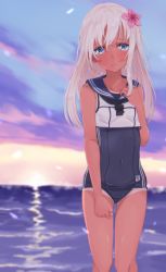 Rule 34 | 1girl, alakoala, blue eyes, blue one-piece swimsuit, blue sailor collar, blush, breasts, closed mouth, cloud, commentary request, flower, hair flower, hair ornament, hibiscus, highres, kantai collection, long hair, looking at viewer, ocean, one-piece swimsuit, one-piece tan, outdoors, pink flower, ro-500 (kancolle), sailor collar, sky, sleeveless, small breasts, solo, swimsuit, swimsuit under clothes, tan, tanline, water, white background