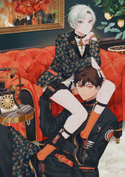 Rule 34 | 2boys, absurdres, antique phone, bare legs, belt, black choker, black footwear, black gloves, black jacket, blue eyes, blue hair, blue jacket, brooch, brown hair, choker, closed mouth, commentary request, couch, food, fruit, gloves, hand on another&#039;s head, hand on another&#039;s thigh, highres, indoors, jacket, jewelry, legs on another&#039;s shoulders, lemon, long sleeves, looking at viewer, male focus, mege (megechan), multiple boys, multiple rings, necklace, on couch, on floor, orange socks, original, painting (object), parted lips, phone, plant, potted plant, red eyes, ring, romaji commentary, rotary phone, short hair, sitting, socks, unworn jewelry, unworn necklace, watch, wristwatch, yaoi