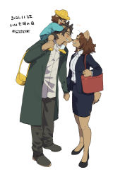 Rule 34 | 1boy, 2girls, animal ears, bag, black footwear, black hair, brown hair, carrying, child, dated, dog ears, dog tail, closed eyes, face-to-face, father and daughter, full body, furry, furry female, furry male, glasses, grin, handbag, hat, holding hands, husband and wife, kindergarten uniform, medium hair, mother and daughter, multiple girls, noses touching, open mouth, original, pants, pencil skirt, piggyback, round eyewear, school hat, shoes, simple background, skirt, smile, standing, tail, teko (tawake), twitter username, white background