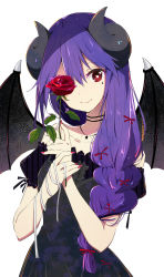 Rule 34 | 1girl, black dress, black wings, braid, chikanoko, closed mouth, collarbone, commentary request, curled horns, demon horns, demon wings, dress, facial mark, fingernails, flower, hair between eyes, head tilt, highres, holding, holding flower, horns, long hair, nail polish, naito mare, puffy short sleeves, puffy sleeves, purple hair, ragho no erika, red eyes, red flower, red nails, red rose, rose, short sleeves, simple background, single braid, smile, solo, upper body, very long hair, white background, wings