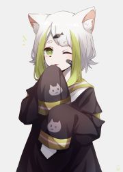 Rule 34 | 1girl, ;p, absurdres, animal ear fluff, animal ears, animal print, bandaid, bandaid on cheek, bandaid on face, black dress, cat ears, cat print, dress, green eyes, green hair, highres, kitsunemiyoru, long sleeves, multicolored hair, one eye closed, original, puffy long sleeves, puffy sleeves, sailor dress, sleeves past fingers, sleeves past wrists, tongue, tongue out, two-tone hair, white hair