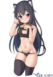 Rule 34 | 1girl, akatsuki (kancolle), animal ears, bell, black bra, black choker, black hair, black panties, black thighhighs, bra, breasts, cat cutout, cat ear panties, cat ears, cat lingerie, cat tail, choker, cleavage cutout, clothing cutout, frilled bra, frills, jingle bell, kantai collection, long hair, looking at viewer, lowleg, lowleg panties, meme attire, navel, neck bell, one-hour drawing challenge, panties, paw pose, purple eyes, simple background, small breasts, solo, standing, standing on one leg, tail, tf cafe, thighhighs, twitter username, underwear, underwear only, white background